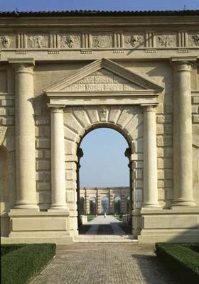 Entrance to the Loggia di Davide, looking from the Cortile D'Onore through the garden to the Exedra, a 