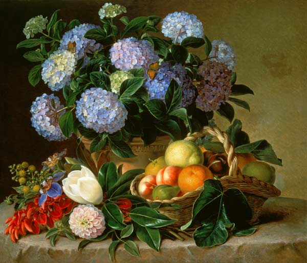 Hydrangea In An Urn And A Basket Of Fruit On A Ledge a 