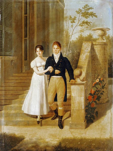 Portrait Of A Lady And A Gentleman On The Steps Of A Chateau a 