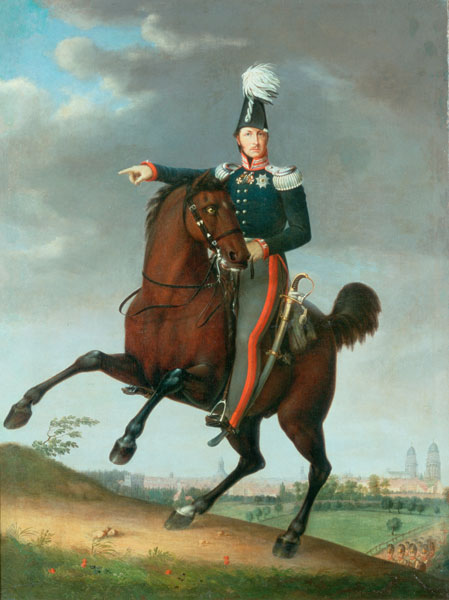 Reiterbildnis Friedrich Wilhelms III. vor der Shilouette Berlins a 
