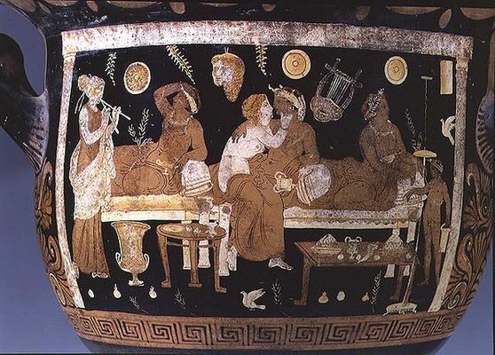 Red and white figure calyx crater: detail depicting banquet scene, Greek (pottery) (detail of 85012) a 