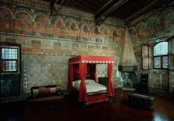Room of the Castellana di Vergi showing the frescoed walls and frieze depicting a medieval French ro a 