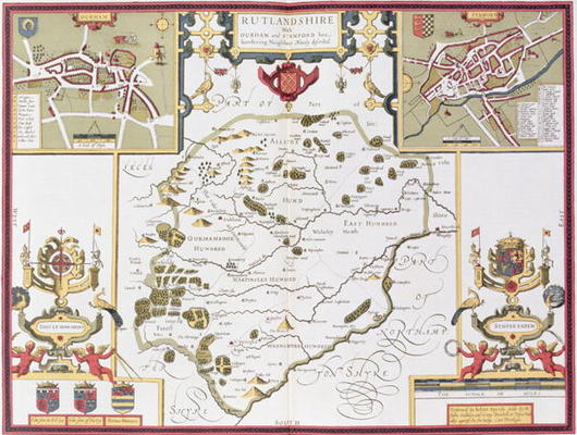Rutlandshire with Oukham and Stanford, engraved by Jodocus Hondius (1563-1612) from John Speed's 'Th a 