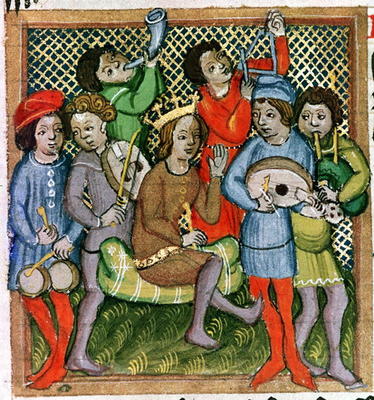 Seated crowned figure surrounded by musicians playing the lute, bagpipes, triangle, horn, viola and a 