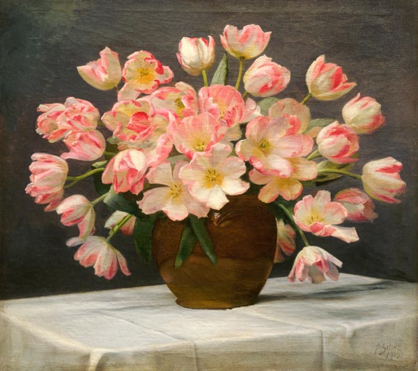 Tulips In A Vase On A Draped Table a 