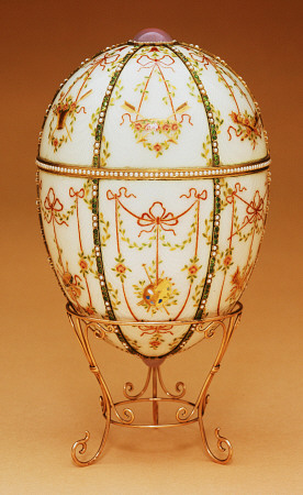 The Kelch Bonbonniere Egg Shown In A Gold Egg-Stand Of Scroll Design, By Faberge 1899-1903 a 