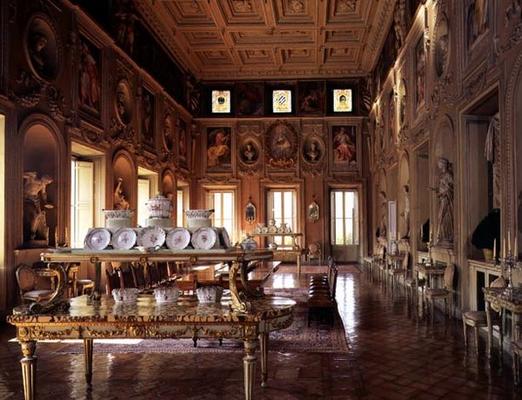 The 'Galleria', with a panelled ceiling and niches containing antique statues from the Sacchetti col a 