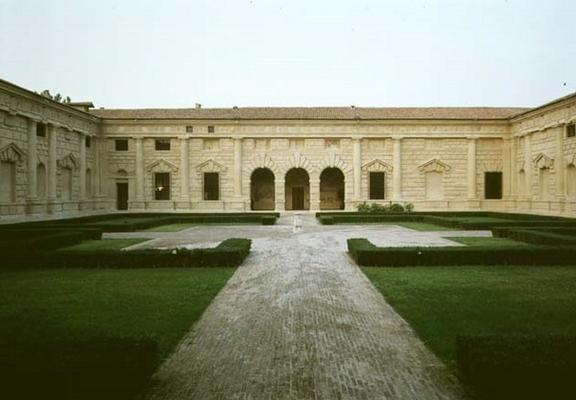The northern facade of the Cortile d'Onore including the Loggia delle Muse, designed by Giulio Roman a 