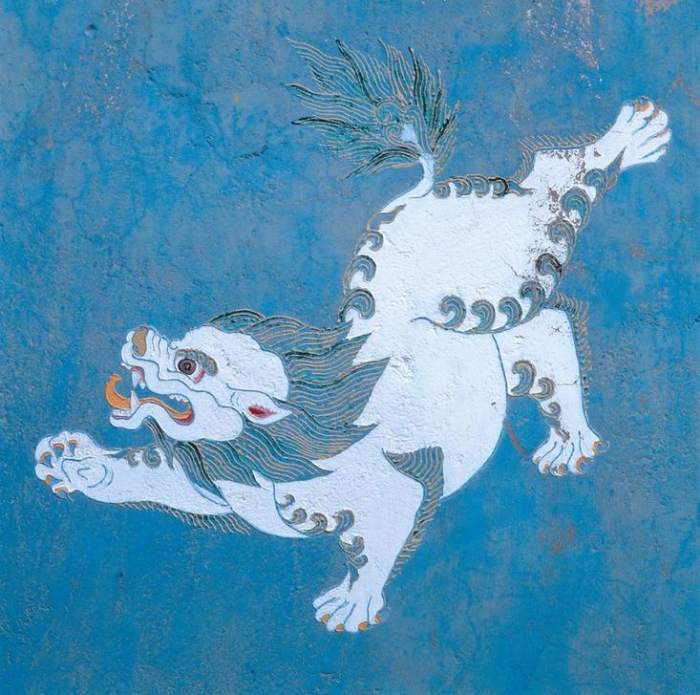 Wandmalerei mit der Darstellung eines Löwen. In einem buddhistischen Kloster a 