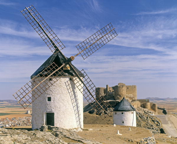 Windmills with Consuegra castle in the background (photo) (see also 276254)  a 