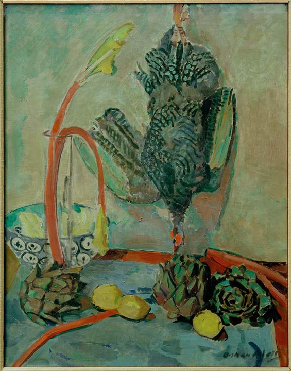 Still life with guinea fowl and artichokes a Oskar Moll