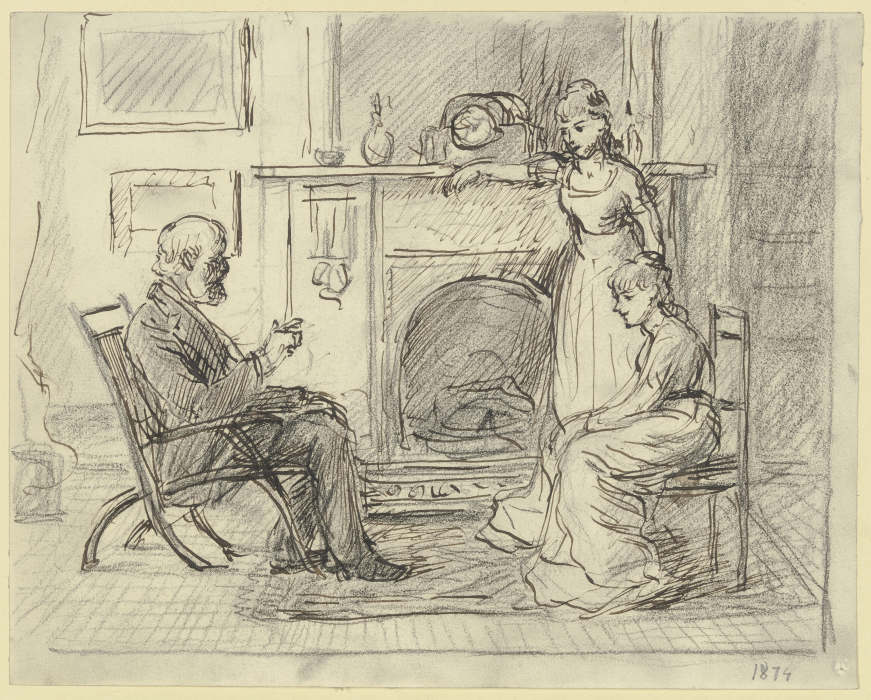 Three people at the fireplace a Otto Scholderer