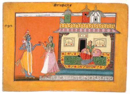 Krishna arriving at Radha's house, illustration from a manuscript of the 'Rasamanjari' of Bhanudatta a Pahari School