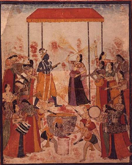 Krishna and his ladies celebrate the Festival of Holi, Guler, Punjab, Pahari School a Pahari School