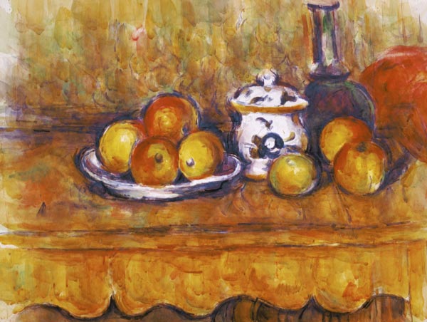 Quiet life with blue bottle's and sugar bowl's watercolour painting a Paul Cézanne