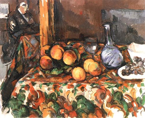 Still life with peaches, carafe and figure a Paul Cézanne