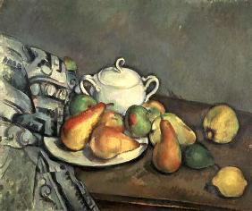 Quiet life with sugar bowl, pears and tablecloth