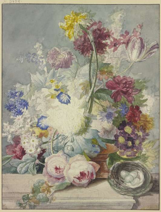 Blumenstrauß, dabei ein Vogelnest mit Eiern a Paul Theodor van Brussel