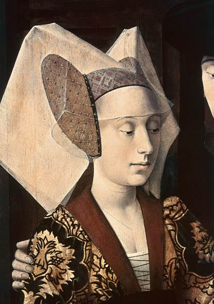 St. Eligius (c.588-660) as a goldsmith showing a ring to the engaged couple, detail of the fiancee a Petrus Christus