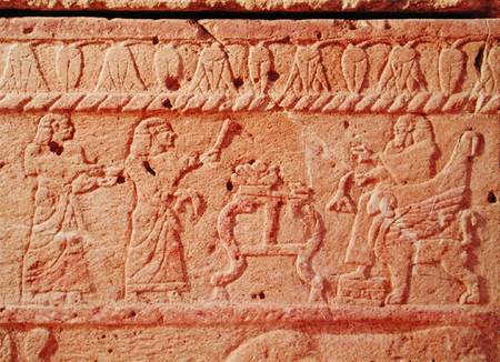 Relief depicting servants paying homage to the king, detail of the Sarcophagus of Ahiram, King of By a Phoenician
