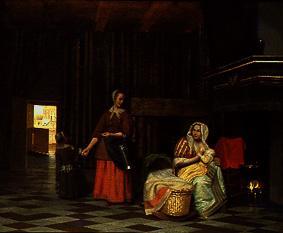 Woman with child at the chest and service maid. a Pieter de Hooch