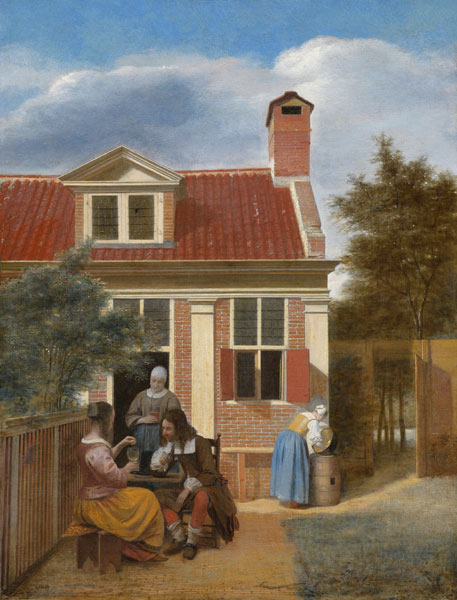 A company in the courtyard behind a house a Pieter de Hooch