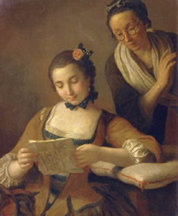 Junge und alte Frau beim Lesen eines Briefes. a Pietro Antonio Conte Rotari