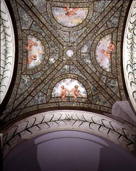 The semicircular ionic portico, detail of the ceiling vault decorated with putti in a garden a Pietro Venale