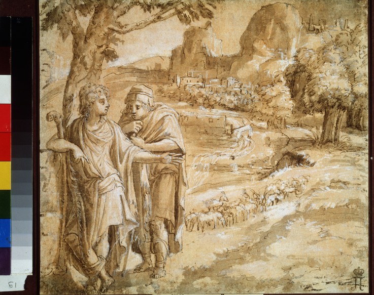 Shepherd and piligrim in a landscape a Pirro Ligorio
