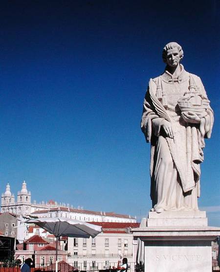 Statue of St Vincent with the Monastery of San Jeronimo in the background a Portuguese School