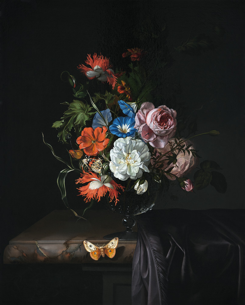 A Still Life of Flowers in a vase on a ledge a Rachel Ruysch