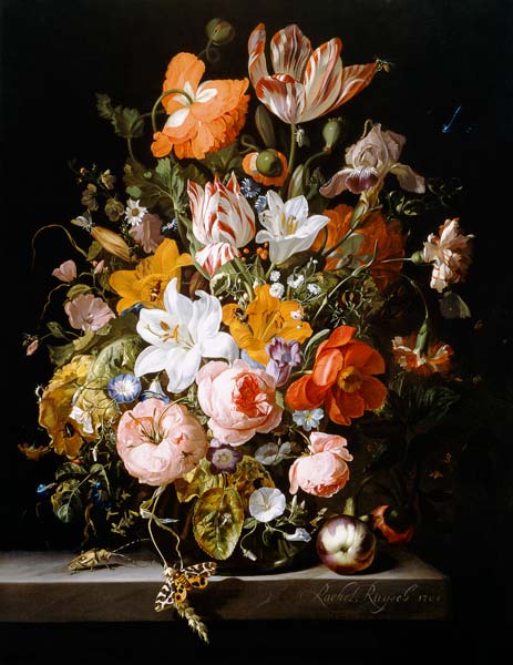 Still life of roses, lilies, tulips and other flowers in a glass vase with a Brindled Beauty on a st a Rachel Ruysch