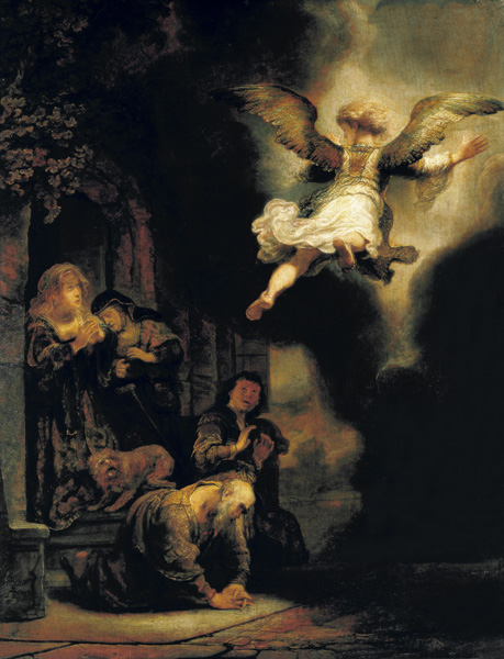The archangel Raphael leaves the family of Tobias. a Rembrandt van Rijn