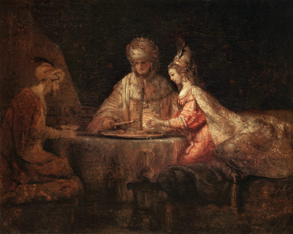 Ahasuerus, Haman and Esther a Rembrandt van Rijn
