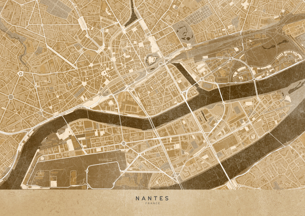 Sepia vintage map of Nantes downtown France a Rosana Laiz Blursbyai