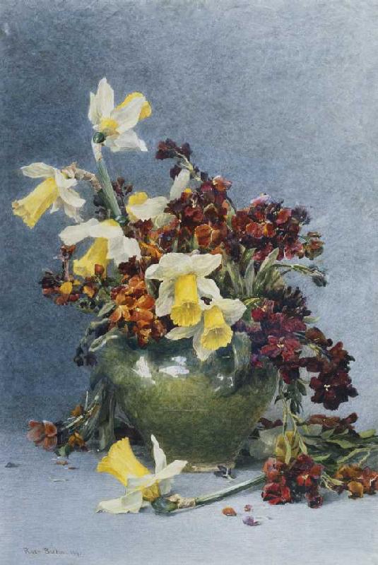 Osterglocken und Mauerblümchen in einer grünen Vase a Rose Maynard Barton
