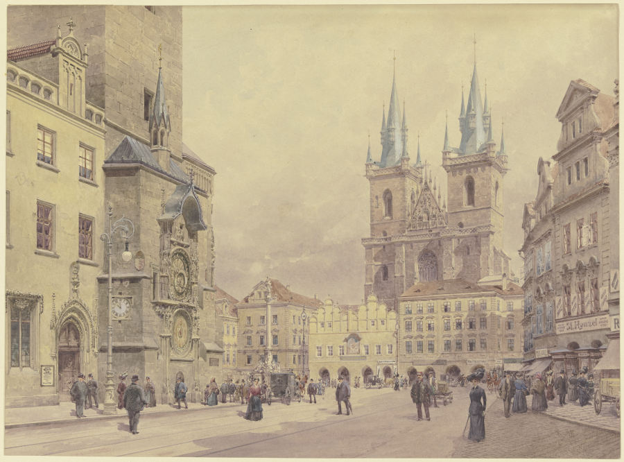 Blick auf die Teynkirche und die Mariensäule am Altstädter Ring zu Prag a Rudolf von Alt