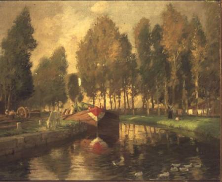 Barge on a River, Normandy a Rupert Charles Wolston Bunny