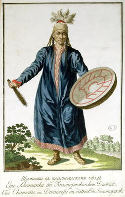 A Shaman from Krasnoiarsk, 18th century (coloured engraving) a Russian School, (18th century)