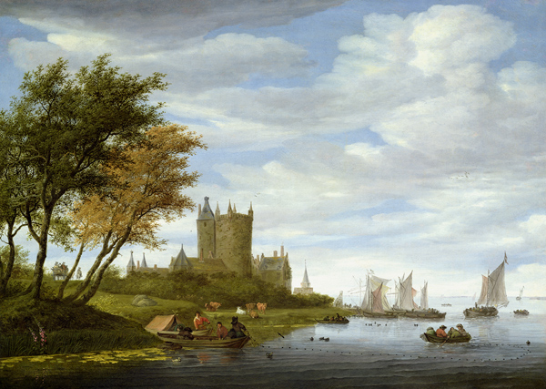River Estuary with a castle a Salomon van Ruisdael or Ruysdael