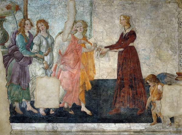 Venus and the three graces submit presents to a young woman a Sandro Botticelli