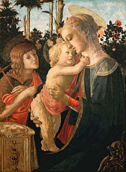 Madonna with the Jesuskind and Johannes. (Detail: Madonna) a Sandro Botticelli