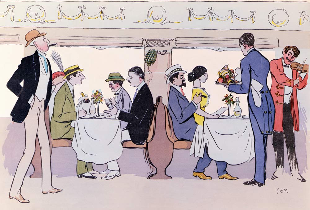 Restaurant Car in the Paris to Nice Train, 1913 (colour litho) a Sem