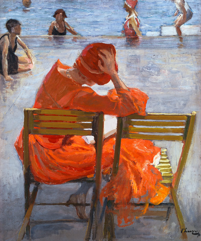 Junge Frau in einem roten Kleid an einem Swimming Pool a Sir John Lavery