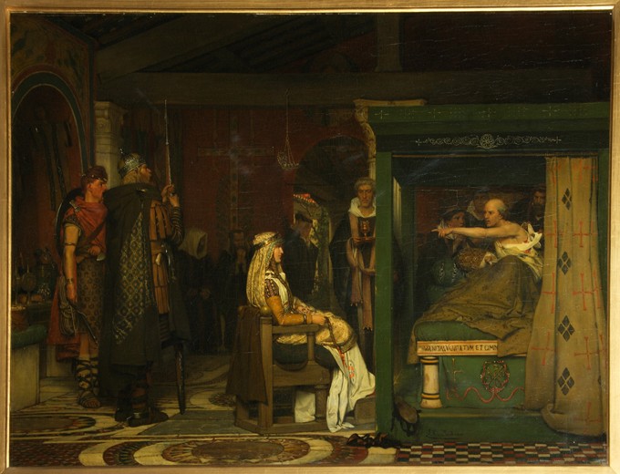 Fredegund visits Bishop Prætextatus on his deathbed a Sir Lawrence Alma-Tadema