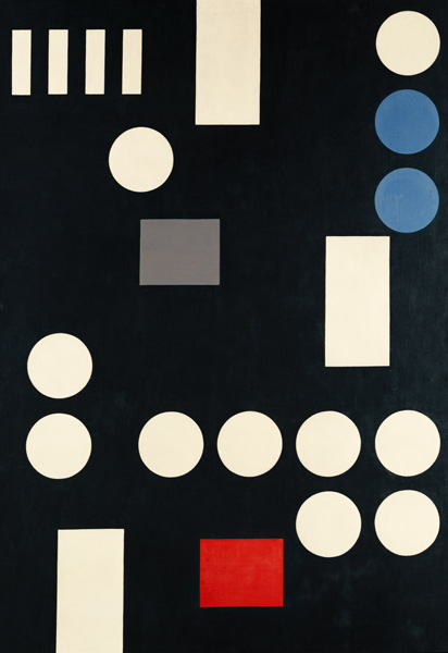 Composition with rectangles and circles on a black canvas. a Sophie Taeuber-Arp