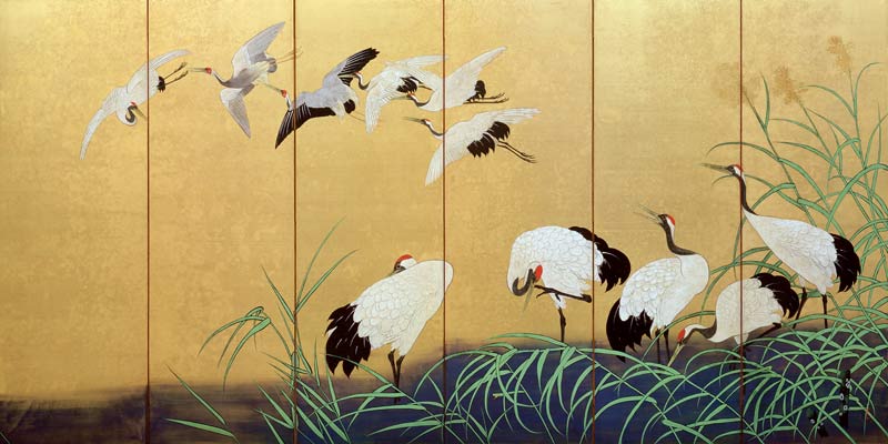 Six-Fold Screen Depicting Reeds and Cranes, Edo period, Japanese, 19th century a Suzuki Kiitsu