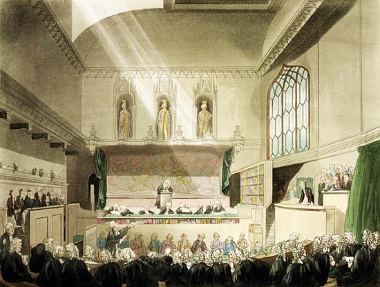 Court of King''s Bench, Westminster Hall, from ''The Microcosm of London''; engraved by J. Black (fl a T. Rowlandson