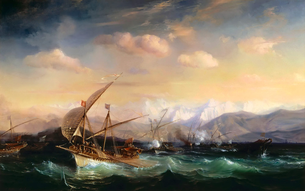 Andrea Doria dispersing the Spanish flee - Théodore Gudin come stampa  d\'arte o dipinto.