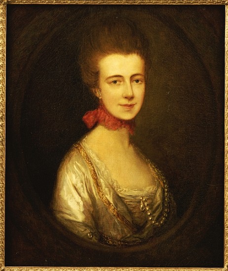 Portrait of Miss Boone, wearing a white dress with gold embroidery and pearl chain, a red ribbon aro a Thomas Gainsborough